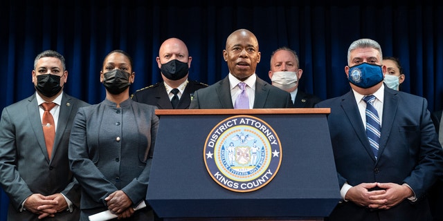 Mayor Eric Adams speaks during a press conference by Brooklyn DA Eric Gonzalez in the District Attorney office.