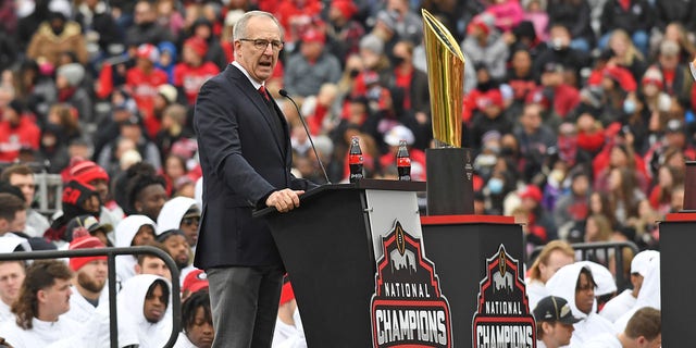 SEC Commissioner Greg Sankey speaks during the Georgia Bulldogs' national championship celebration Jan. 15, 2022, at Sanford Stadium in Athens, Ga.