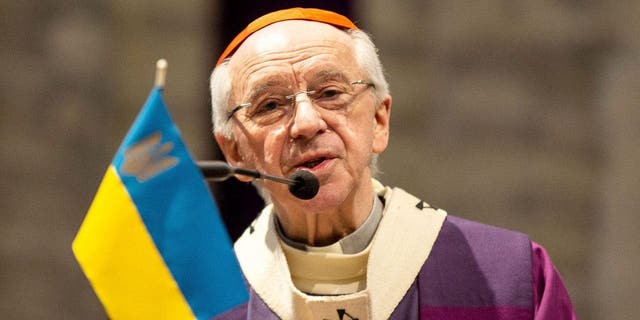 Belgian Cardinal Jozef De Kesel, archbishop of Malines-Brussels and "primate" of the Catholic Church in Belgium, leads a Mass For Peace to express support for the Ukrainian population and to denounce Russian invasion at the end of February, at the Cathedral of St. Michael and St Gudula, in Brussels on March 13, 2022. 