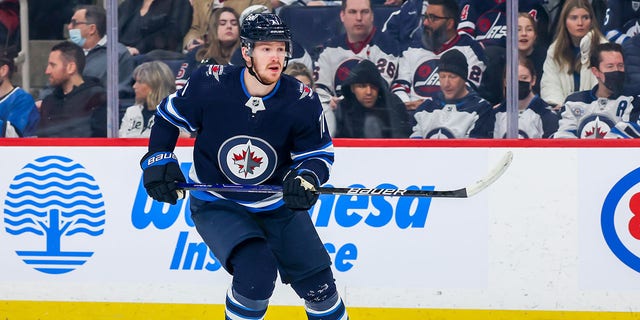 Evgeny Svechnikov of the Winnipeg Jets on the ice against the Seattle Kraken at Canada Life Centre on May 1, 2022, in Manitoba.