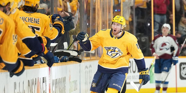 Yakov Trenin of the Predators celebrates his goal against the Colorado Avalanche during the Stanley Cup playoffs at Bridgestone Arena on May 9, 2022, in Nashville.