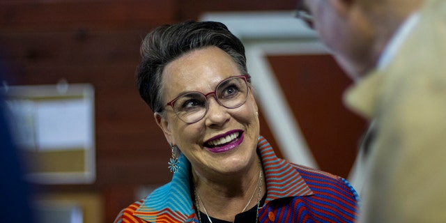 Republican congressional candidate Harriet Hageman speaks at a campaign event in Wyoming.