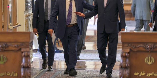 Iran's Foreign Minister Hossein Amir-Abdollahian (R) attends a press conference with Josep Borell, the high representative of the European Union for Foreign Affairs and Security Policy