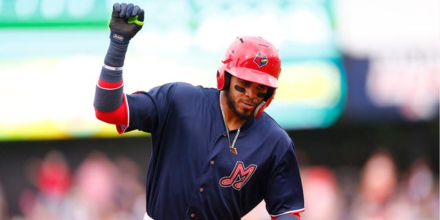 Memphis Redbirds infielder Delvin Pérez, #73, in action during a MiLB game between the Memphis Redbirds and the Indianapolis Indians on June 24, 2022 at Victory Field in Indianapolis.