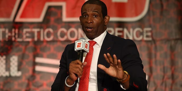 Jackson State head coach Deion Sanders speaks at the 2022 SWAC Football Media Day at the Birmingham Sheraton Hotel in Birmingham, Alabama, on July 21, 2022.