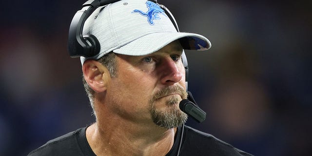 Head coach Dan Campbell of the Detroit Lions looks on from the sidelines during an NFL preseason football game between the Detroit Lions and the Atlanta Falcons in Detroit on Friday, August 12, 2022. 