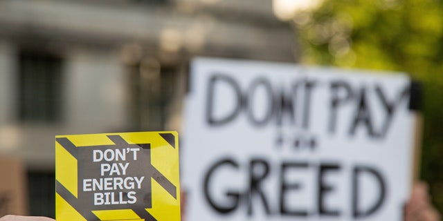 A protester holds a placard that says "Don't pay energy bills" during a "Don't Pay UK" demonstration. The "Don't Pay UK" protest encourages supporters to cancel their direct debit payments to energy companies en masse on October 1.