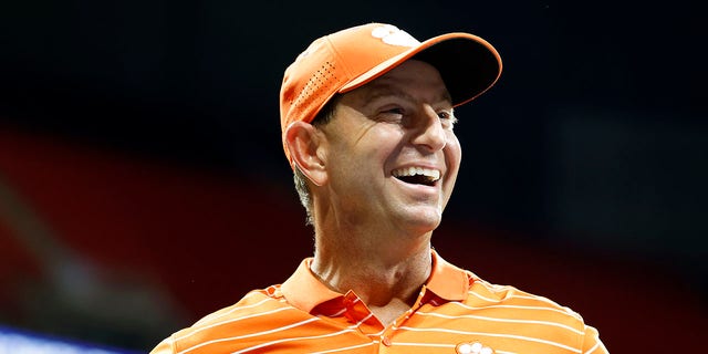 Clemson Tigers head coach Dabo Swinney is all smiles after winning the Monday evening college football game between the Georgia Tech Yellow Jackets and the Clemson Tigers on September 5, 2022, at Mercedes-Benz Stadium in Atlanta.  