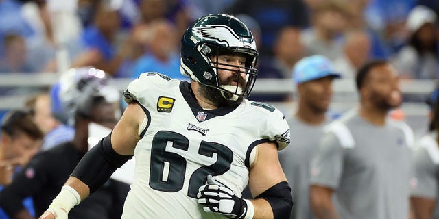 Center Jason Kelce of the Philadelphia Eagles runs on the field between plays during a game against the Detroit Lions in Detroit Sunday, Sept. 11, 2022. 