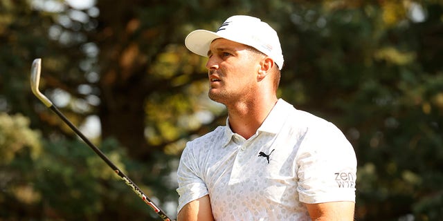 LIV golfer Bryson DeChambeau hits his tee shot on the 13th hole during the first round of the LIV Golf Invitational Series Chicago on September 16, 2022, at Rich Harvest Farms in Sugar Grove, Illinois. 