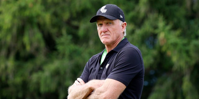 LIV CEO and commissioner Greg Norman watches play on the third hole during the final round of the LIV Golf Invitational Series Chicago at Rich Harvest Farms in Sugar Grove, Illinois.  