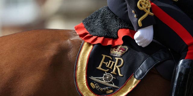 Queen Elizabeth II's cypher on a horse saddle in Windsor on Sept. 19, 2022, during her state funeral.