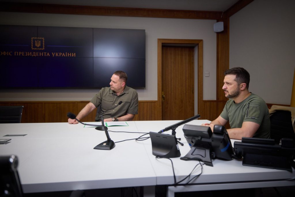 Ukrainian President Volodymyr Zelensky and Andriy Yermak speak with the exchanged Ukrainian prisoners on Sept. 21, 2022.