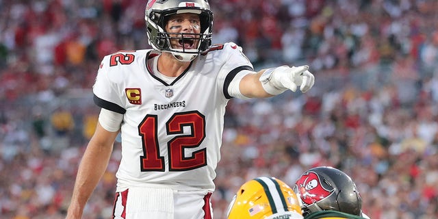 Tampa Bay Buccaneers Quarterback Tom Brady (12) points out the strength of the defense during the regular season game between the Green Bay Packers and the Tampa Bay Buccaneers on Sept. 25, 2022 at Raymond James Stadium in Tampa, Florida. 