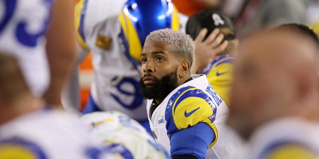 Odell Beckham Jr. of the Los Angeles Rams sits on the bench during the game against the San Francisco 49ers at Levi's Stadium in Santa Clara, California, on Nov. 15, 2021.