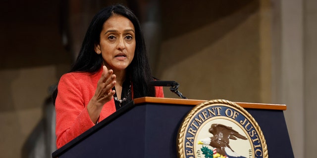 U.S. Associate Attorney General Vanita Gupta delivers remarks during an event to mark the first anniversary of the COVID-19 Hate Crimes Act at the Department of Justice Robert F. Kennedy Building on May 20, 2022, in Washington, DC. 