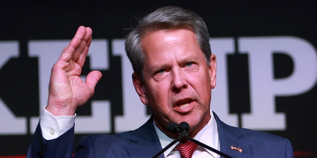 Republican Georgia Gov. Brian Kemp speaks during his primary night election party at the Chick-fil-A College Football Hall of Fame on May 24, 2022 in Atlanta, Georgia.