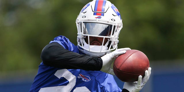 Micah Hyde of the Buffalo Bills makes a catch during Bills minicamp June 15, 2022, in Orchard Park, N.Y. 