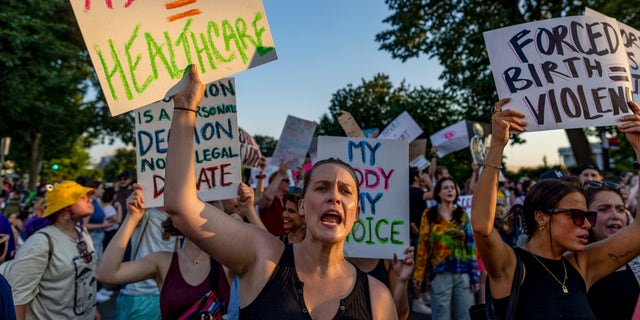 Protesters gather in the wake of the decision overturning Roe v. Wade outside the U.S. Supreme Court on June 25, 2022 in Washington, DC.