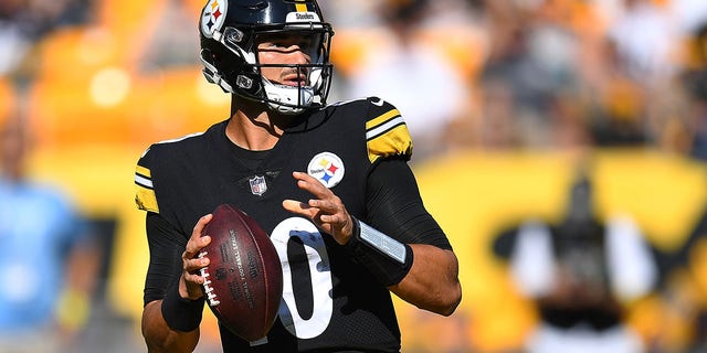 Mitch Trubisky of the Pittsburgh Steelers in action during a game against the Detroit Lions at Acrisure Stadium Aug. 28, 2022, in Pittsburgh. 