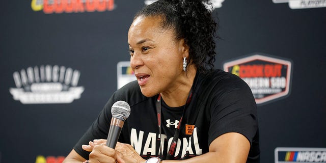 Dawn Staley speaks to the media during a press conference prior to the NASCAR Cup Series Cook Out Southern 500 at Darlington Raceway on Sept. 4, 2022, in Darlington, South Carolina.