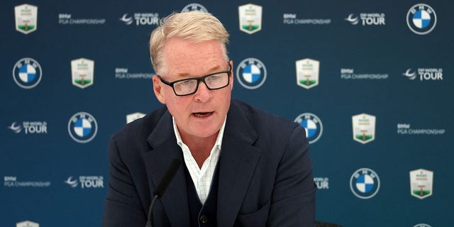 Keith Pelley, CEO of The European Tour Group and DP World Tour, speaks to the media during a press conference prior to the BMW PGA Championship at Wentworth Golf Club Sept. 7, 2022, in Virginia Water, England. 