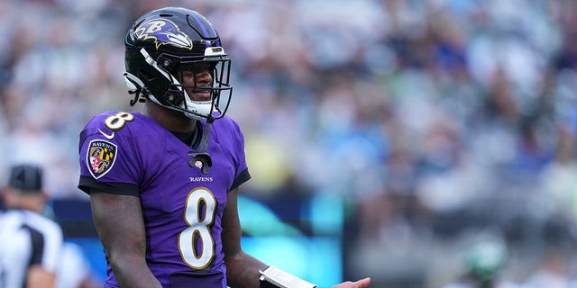 Lamar Jackson of the Baltimore Ravens at MetLife Stadium on Sept. 11, 2022, in East Rutherford, New Jersey. 