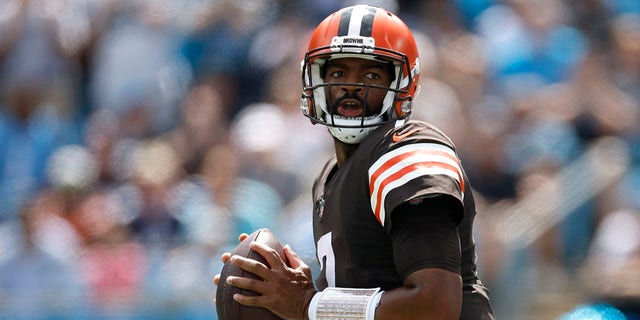 Quarterback Jacoby Brissett, #7 of the Cleveland Browns, looks to pass during the first half of their NFL game against the Carolina Panthers at Bank of America Stadium on Sept. 11, 2022, in Charlotte, North Carolina. 