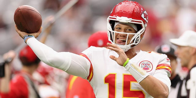 Kansas City Chiefs' Patrick Mahomes warms up before the Cardinals game on Sept. 11, 2022, in Glendale, Arizona.