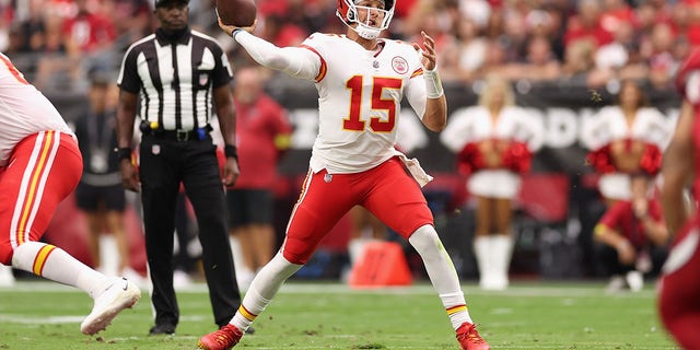 Quarterback Patrick Mahomes of the Kansas City Chiefs throws a pass against the Cardinals at State Farm Stadium on Sept. 11, 2022, in Glendale, Arizona.