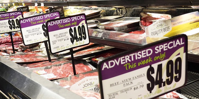 Beef is advertised for sale in a grocery store on Sept. 13, 2022, in Los Angeles, California.