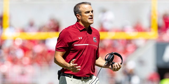 Coach Shane Beamer of the South Carolina Gamecocks at Donald W. Reynolds Razorback Stadium on Sept. 10, 2022, in Fayetteville, Arkansas.