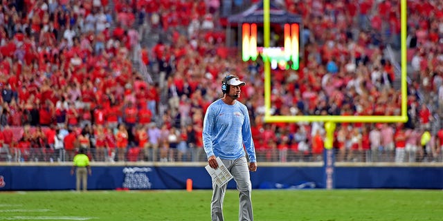 Head coach Lane Kiffin of the Mississippi Rebels during the game against the Central Arkansas Bears on Sept. 10, 2022, in Oxford.