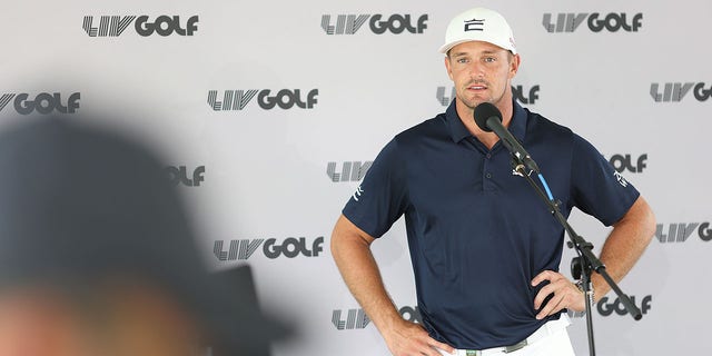 Team Captain Bryson DeChambeau of Crushers GC speaks to the media during the pro-am prior to the LIV Golf Invitational - Chicago at Rich Harvest Farms on September 15, 2022 in Sugar Grove, Illinois. 