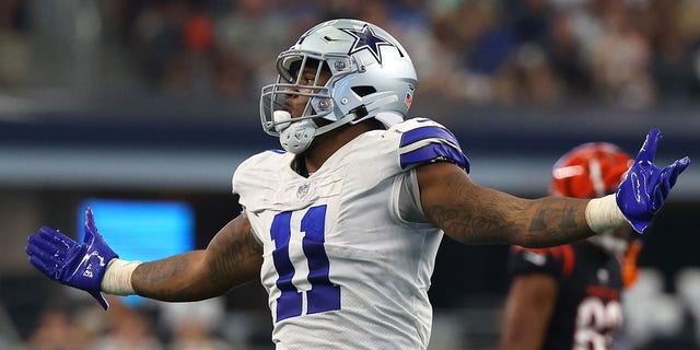 Micah Parsons of the Dallas Cowboys celebrates after sacking quarterback Joe Burrow of the Cincinnati Bengals (not pictured) during the third quarter in Arlington, Texas, on Sept. 18, 2022.