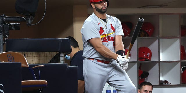 Albert Pujols of the St. Louis Cardinals waits to bat on Sept. 21, 2022, in San Diego, California.