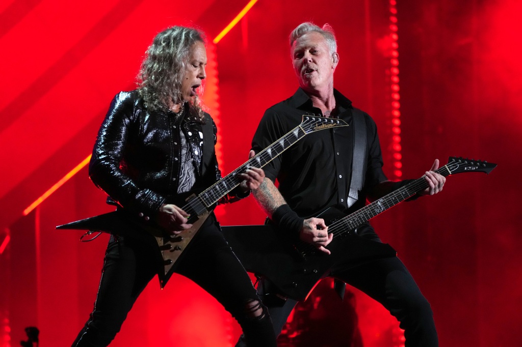 Kirk Hammett and James Hetfield of Metallica perform onstage during Global Citizen Festival on Sept. 24, 2022.