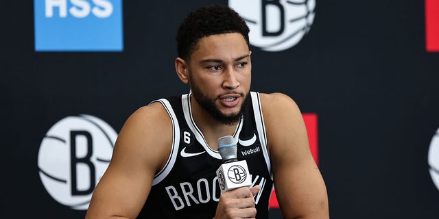 Ben Simmons talks to reporters at Brooklyn Nets Media Day on Sept. 26, 2022.