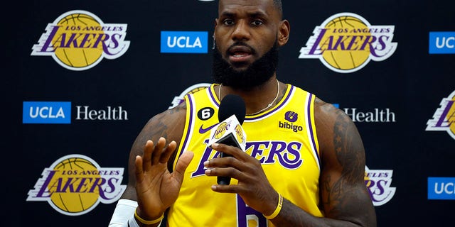 LeBron James of the Los Angeles Lakers speaks with the media at UCLA Health Training Center on Sept. 26, 2022 in El Segundo, California.