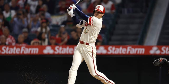 Shohei Ohtani, #17 of the Los Angeles Angels, at bat against the Oakland Athletics during the seventh inning at Angel Stadium of Anaheim on Sept. 29, 2022 in Anaheim, California. 