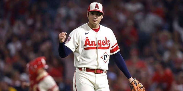 Shohei Ohtani, #17 of the Los Angeles Angels, reacts during a game against the Oakland Athletics in the seventh inning at Angel Stadium of Anaheim on Sept. 29, 2022 in Anaheim, California. 