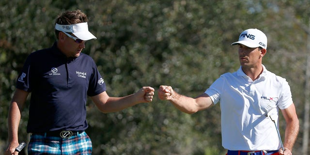 Ian Poulter of England, left, and Billy Horschel react to a birdie on the eighth hole during the final round of the Franklin Templeton Shootout at Tiburon Golf Club Dec. 13, 2014, in Naples, Fla.  