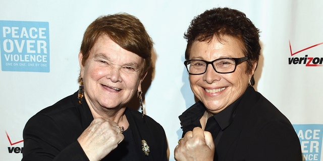 LA County Board of Supervisors Sheila Kuehl and Executive Director of Peace Over Violence Patti Giggans attend The 44th Annual Peace Over Violence Humanitarian Awards at Dorothy Chandler Pavilion on October 16, 2015, in Los Angeles, California.  