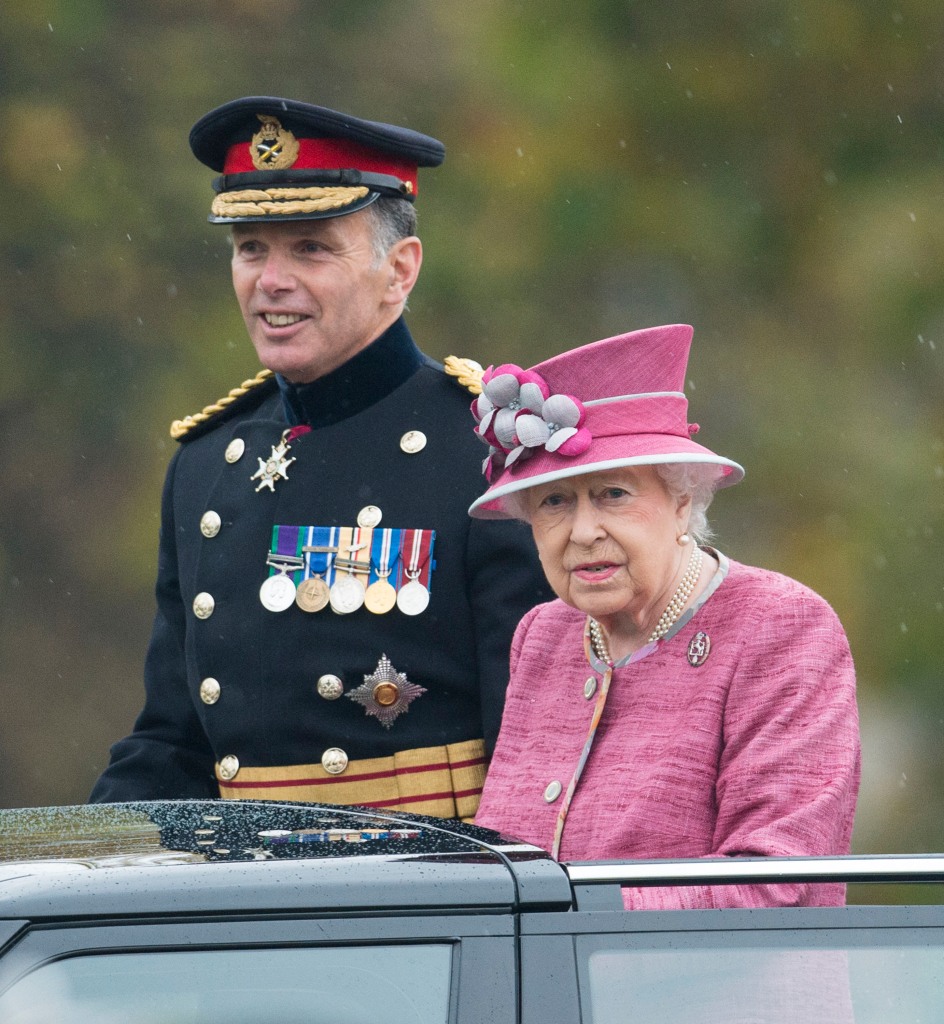 Queen Elizabeth II and Lieutenant General Andrew Gregory review The King's Troop Royal Horse Artillery on the 70th anniversary at Hyde Park on October 19, 2017 in London, England.