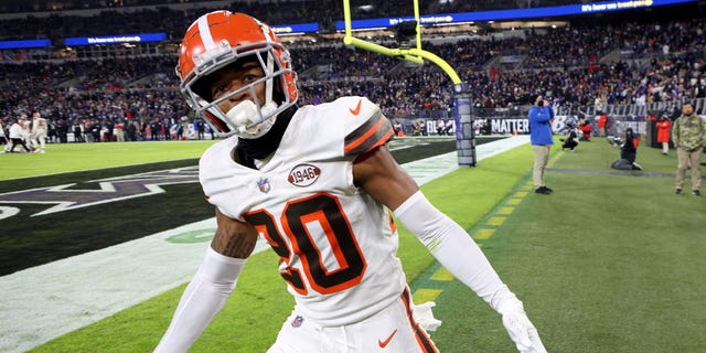 Greg Newsome II of the Cleveland Browns celebrates a second-half interception during a game against the Baltimore Ravens at M and T Bank Stadium Nov. 28, 2021, in Baltimore.