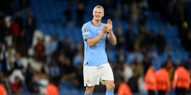 Erling Haaland of Manchester City applauds fans after the UEFA Champions League group G match against Dortmund at Etihad Stadium in Manchester, England, on Sept. 14, 2022.