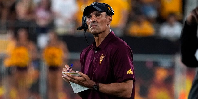 Arizona State head coach Herm Edwards looks toward the scoreboard during the game against Eastern Michigan in Tempe, Arizona, on Sept. 17, 2022.