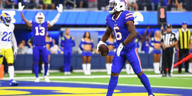 Buffalo Bills wide receiver Isaiah McKenzie celebrates a touchdown during the game against the Los Angeles Rams at SoFi Stadium in Inglewood, California, on Thursday, Sept. 8, 2022.