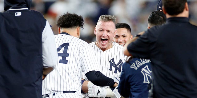 Josh Donaldson #28 of the New York Yankees reacts after hitting a walk-off single during the tenth inning against the Boston Red Sox at Yankee Stadium on September 22, 2022 in the Bronx borough of New York City. The Yankees won 5-4.