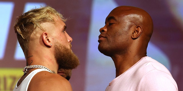 Jake Paul and Anderson SIlva face off during a Jake Paul v Anderson Silva press conference at NeueHouse Hollywood on September 12, 2022 in Hollywood, California.